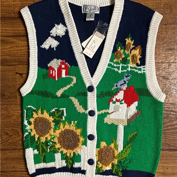 P’ Galli Designs~Blue/Green Medium Vest W/Sunflower & Barn Scene Embroidery (New - Picture 11 of 14
